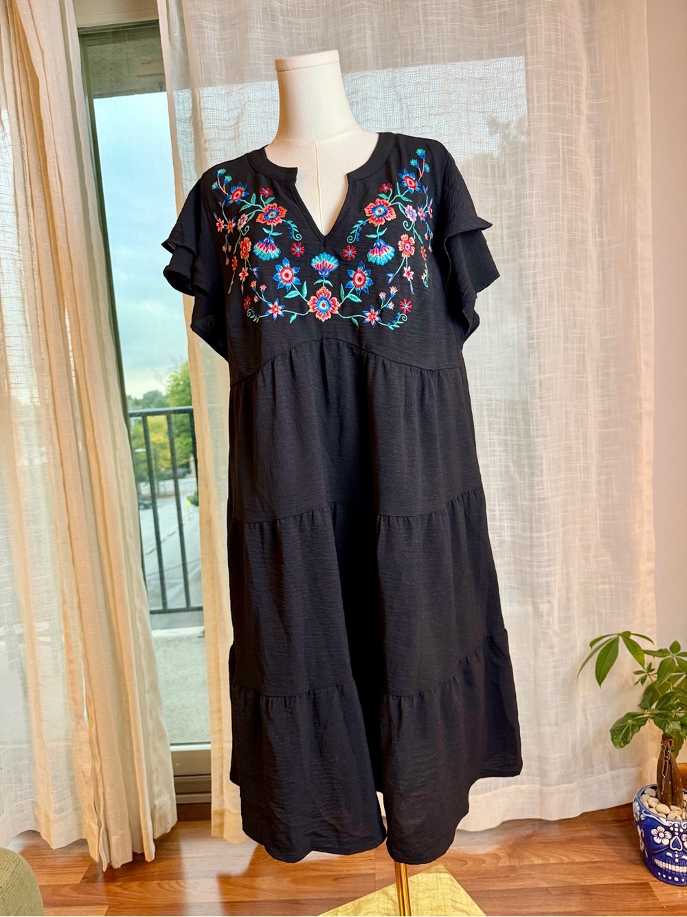 BloomChic Black Midi Dress with Multicolor Floral Embroidery - Picture 4 of 7